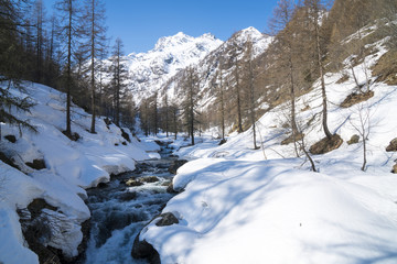 Fototapeta na wymiar Alpine valley with snow in spring, creek swollen by thaw