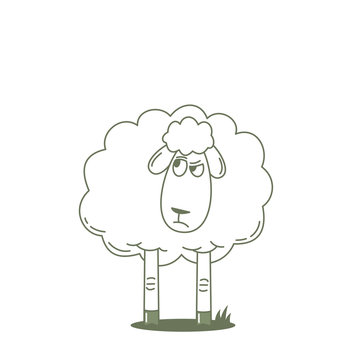 Mistrustful sheep looking at someone. Outlined vector illustration.