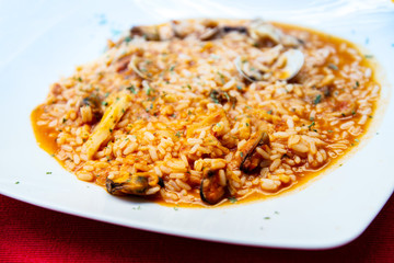 Tasty risotto with Shrimp, fresh herbs vegetables on a white plate