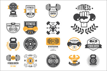 Vector set of retro fitness logo templates. Emblems with dumbbells, barbells and silhouettes of muscular men. Design for gym or sport club
