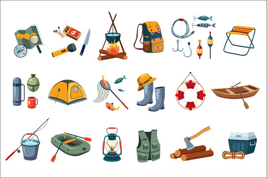 Camping Icon Set. Tourist Equipment, Items For Fishing. Outdoor Activity. Summer Recreation. Flat Vector Design