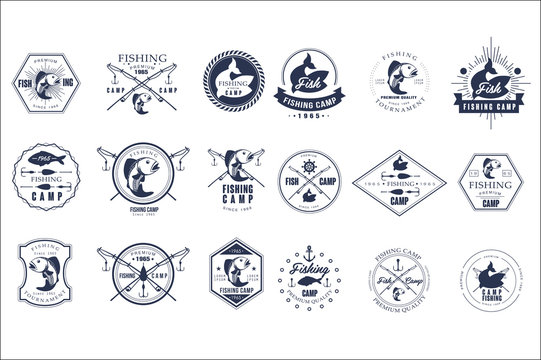 Vector set of vintage fishing camp logo or tournament emblem templates. Original monochrome labels with fishes and fish-rods. Active recreation