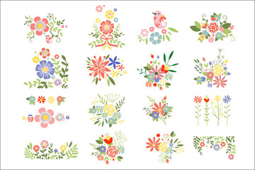 Flat vector set of colorful floral compositions. Blooming spring flowers. Colorful plants. Botanical theme