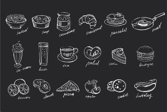 Vector set of hand drawn food and drinks on black chalkboard. Salad, soup, canned cucumbers, sweet desserts, fast food, fruits and beverages