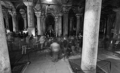 ISTANBUL - SEPTEMBER 2014: The Basilica Cistern with tourists. Istanbul attracts 10 million people annually