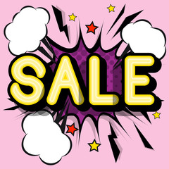 Sale - retro lettering with shadows, halftone pattern on retro poster  background. Vector bright illustration in vintage pop art style.