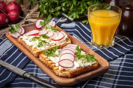 Light healthy sandwiches with bread toasts, soft cheese and freshly gathered organic radishes and parsley.