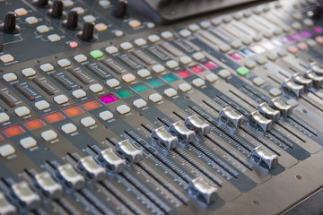 Closeup Mixing Console of a big HiFi system  The audio equipment, a control panel of digital studio...