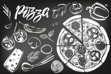 Italian pizza , collection of pizza with ingredients, logo, hand drawn vector illustration realistic sketch , drawn in chalk on a black board - obrazy, fototapety, plakaty