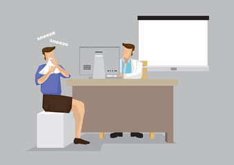 Sneezing Patient in Doctor Office for Treatment Consultation Cartoon Vector Illustration