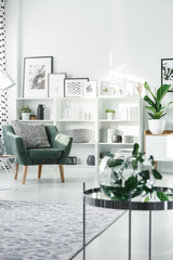 Green armchair with pillow