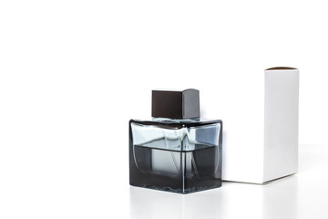 Perfume bottle, black transparent glass, fragrance spray and  white packaging box mockup