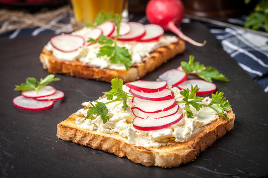 Light healthy sandwiches with bread toasts, soft cheese and freshly gathered organic radishes and parsley.