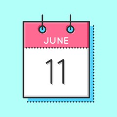 Vector Calendar Icon. Flat and thin line vector illustration. Calendar sheet on light blue background. June 11th