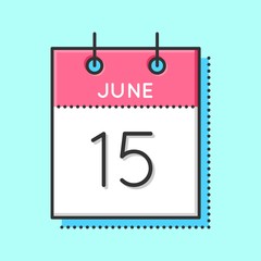 Vector Calendar Icon. Flat and thin line vector illustration. Calendar sheet on light blue background. June 15th