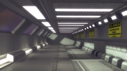 3D render. Futuristic science fiction interior corridor