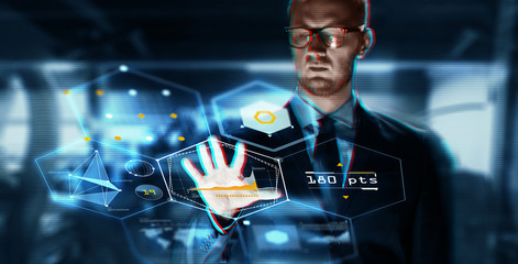 business, augmented reality, technology and cyberspace concept - close up of businessman in suit working with virtual screen over abstract background