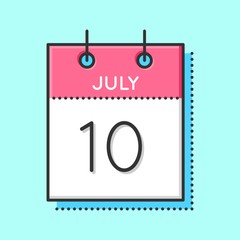 Vector Calendar Icon. Flat and thin line vector illustration. Calendar sheet on light blue background. July 10th