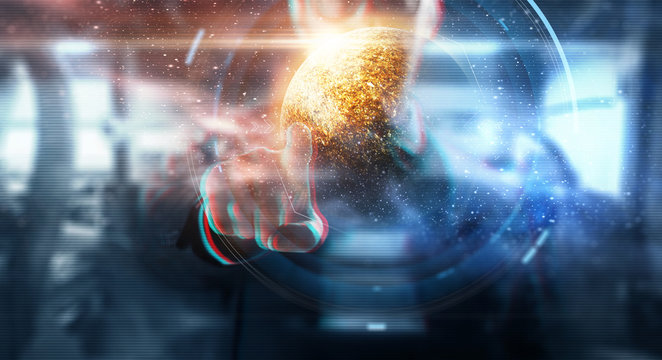 business, people, virtual reality, technology and cyberspace concept - close up of businessman with planet on screen over abstract background