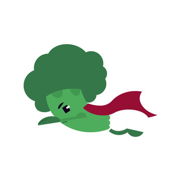 Broccoli - super hero rushes to care human health and energy isolated on white background. Green fresh vegetable in red cape for healthy diet and lifestyle concept. Vector illustration.