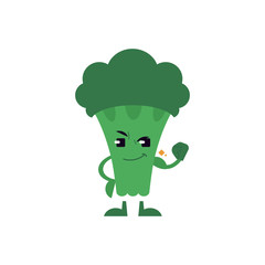 Green broccoli shows his big biceps isolated on white background. Fresh strong useful vegetable is always ready to protect human health. Healthy diet and lifestyle concept vector illustration.