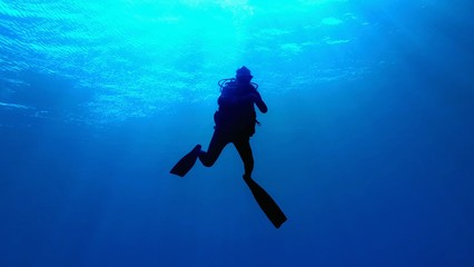 Underwater scenery, silhouette of diver in the deep blue water