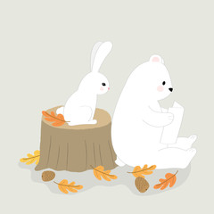 Cartoon cute white rabbit and white bear reading book vector.
