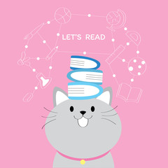 Cartoon cute big gray cat and  books on head vector.