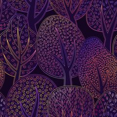 Бесшовный векторный декоративный рисунок лиственного леса, выполненный разноцветными контурами на темном фиолетовом фоне