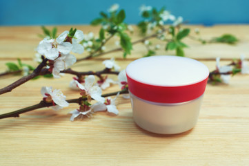 jar of cream and a branch with apricot flowers