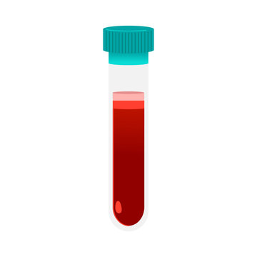Red blood in glass test tube with cap icon isolated on white background. Cartoon vacutainer - sterile medical laboratory equipment for healthcare concept, vector illustration.