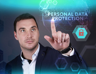 Business, Technology, Internet and network concept. Young businessman working on a virtual screen of the future and sees the inscription: Personal data protection