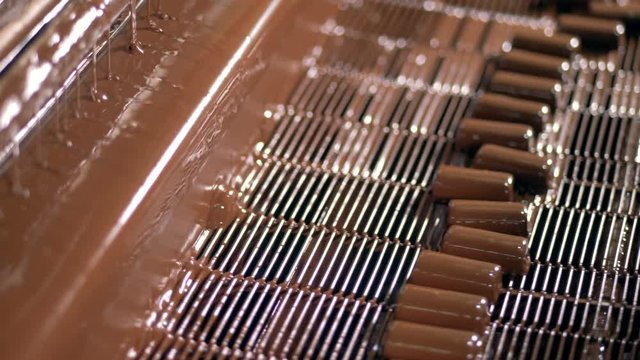 Food factory's machine covers candies with chocolate.