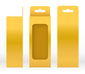 Hanging Box Gold window shape cut out Packaging Template blank. Luxury Empty Box Golden Template for design product package gift box, Gold Box packaging paper kraft cardboard package
