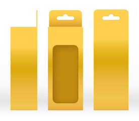 Hanging Box Gold window shape cut out Packaging Template blank. Luxury Empty Box Golden Template for design product package gift box, Gold Box packaging paper kraft cardboard package