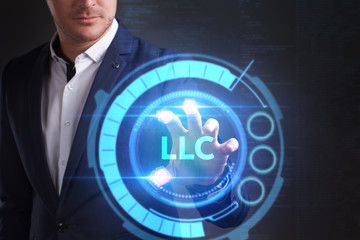 Business, Technology, Internet and network concept. Young businessman working on a virtual screen of the future and sees the inscription: LLC