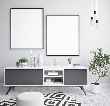 Mock up poster frame interior background, scandinavian style, 3D render