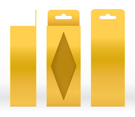 Hanging Box Gold window shape cut out Packaging Template blank. Luxury Empty Box Golden Template for design product package gift box, Gold Box packaging paper kraft cardboard package