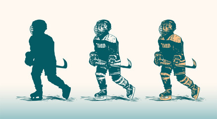 Little boy hockey player. Retro Engraving Linocut Style. Vector Illustration.