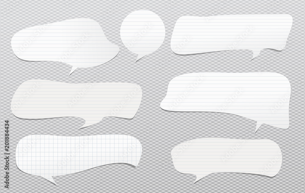 Poster set of white lined speech paper bubbles for text are on squared background