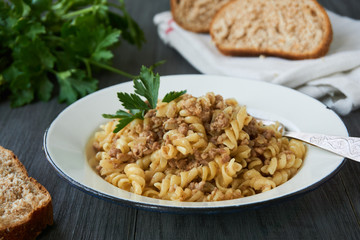 Pasta with minced meat in a bowl     