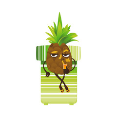 Funny pineapple happy fruit character lying at lounger sipping cocktail glass. Summer vacation, party poster design element. Isolated illustration, white background.