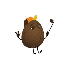 Cheerful coconut fruit character at summer party making selfie on stick. Funny happy fruit in cap. Summer vacation, party poster design . Isolated vector illustration in flat style