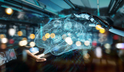 White humanoid hanid creating artificial intelligence 3D rendering