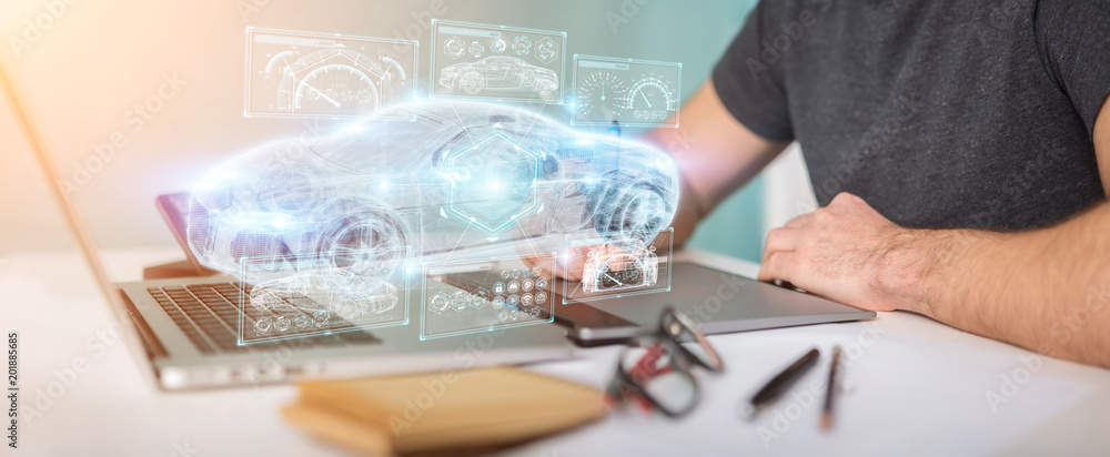 Aufkleber graphic designer using modern smart car interface 3d rendering