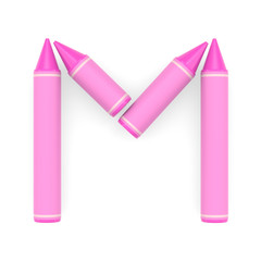 Pink wax crayon capital letter M, white background, 3D rendered font image