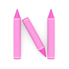 Pink wax crayon capital letter N, white background, 3D rendered font image