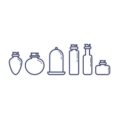 Set of different cartoon potion bottles. Flat outline vector illustration. White isolated.
