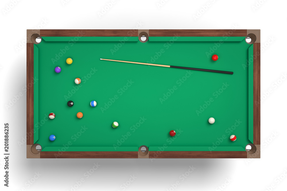 Poster 3d rendering of an isolated billiard table in a top view with one cue stick and many colorful balls 