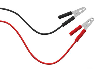 3d rendering of two sets of red and black car battery clamps connected to a cable.